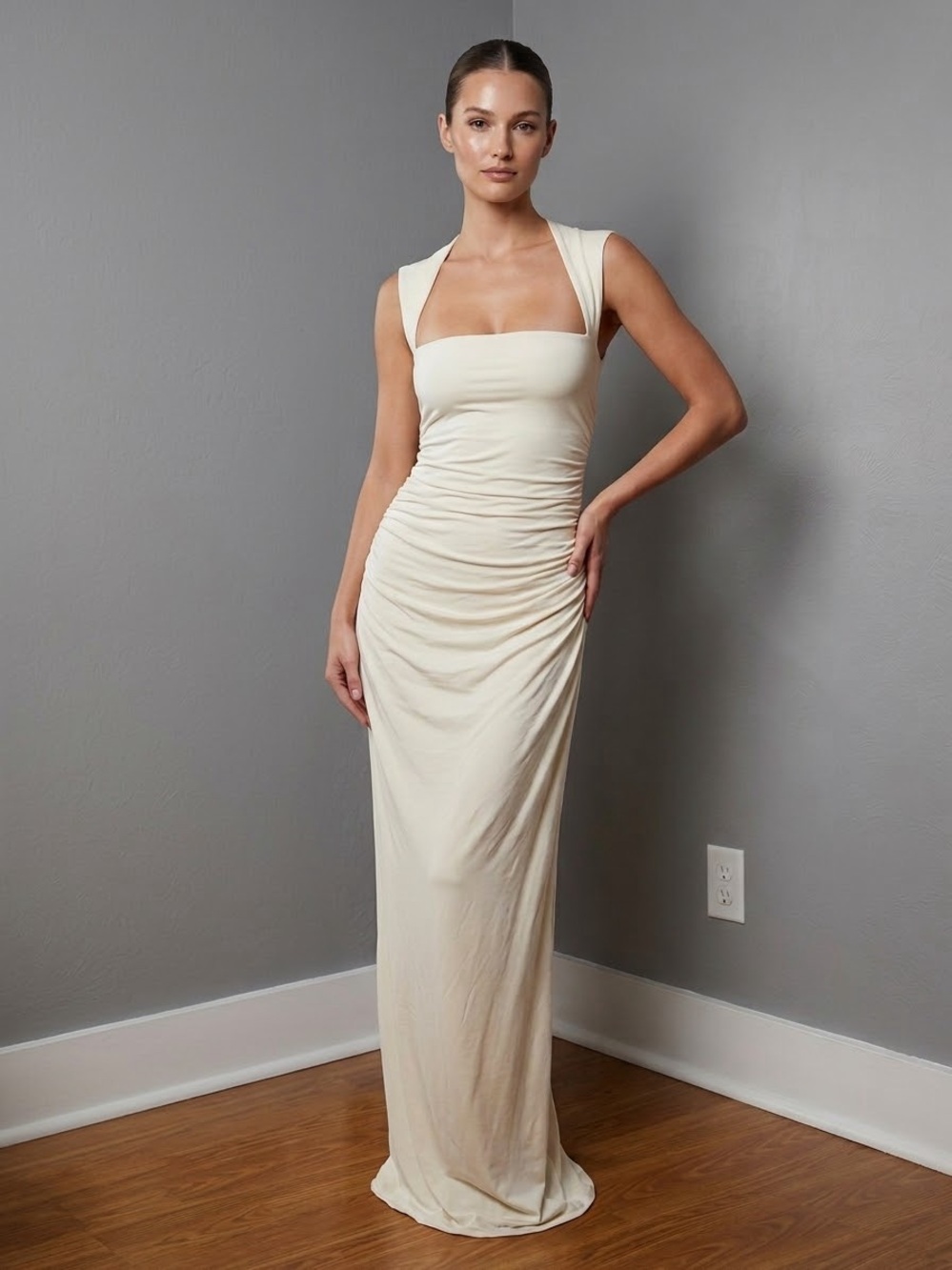 Abercrombie & Fitch Ava Cream Knit Maxi Side Ruching & Slit Medium